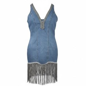 Oyrosy Blue Denim Mini Dress Deep V Metallic Trim Fringe Hem M festival cowgirl